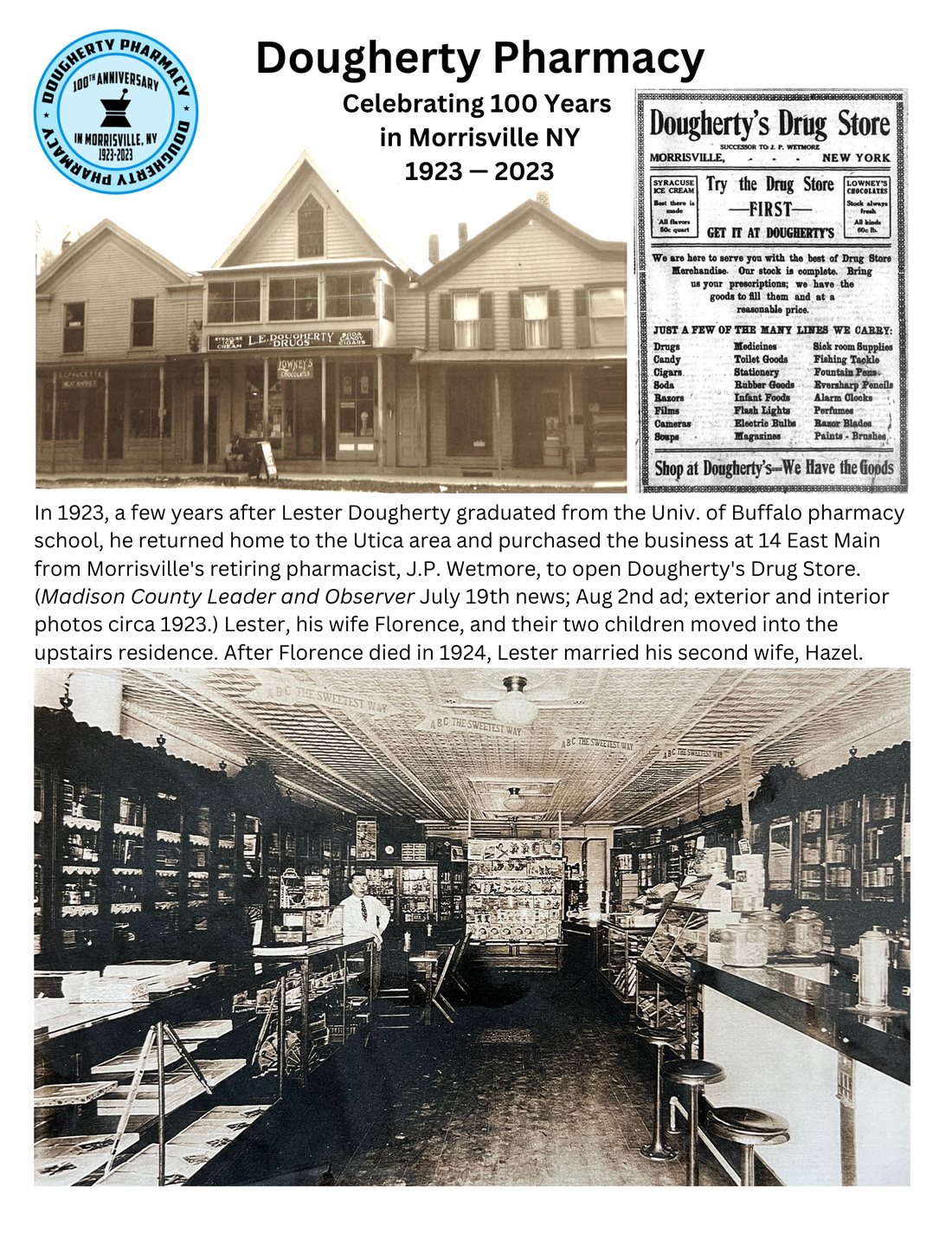 Dougherty's Drug Store in Morrisville, NY, around 1923